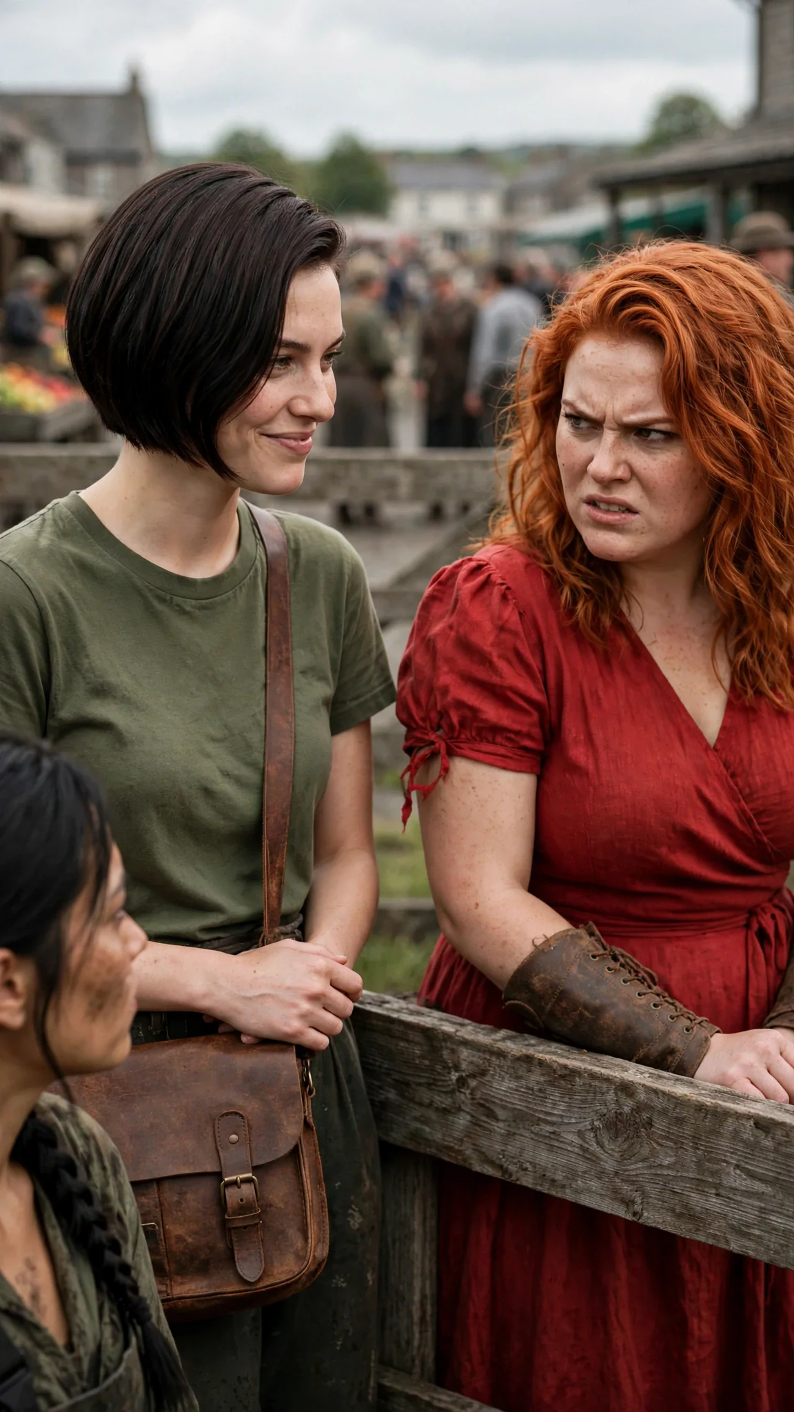 A slim dark-haired woman in stable clothes smirks beside the red-haired one at the fence.