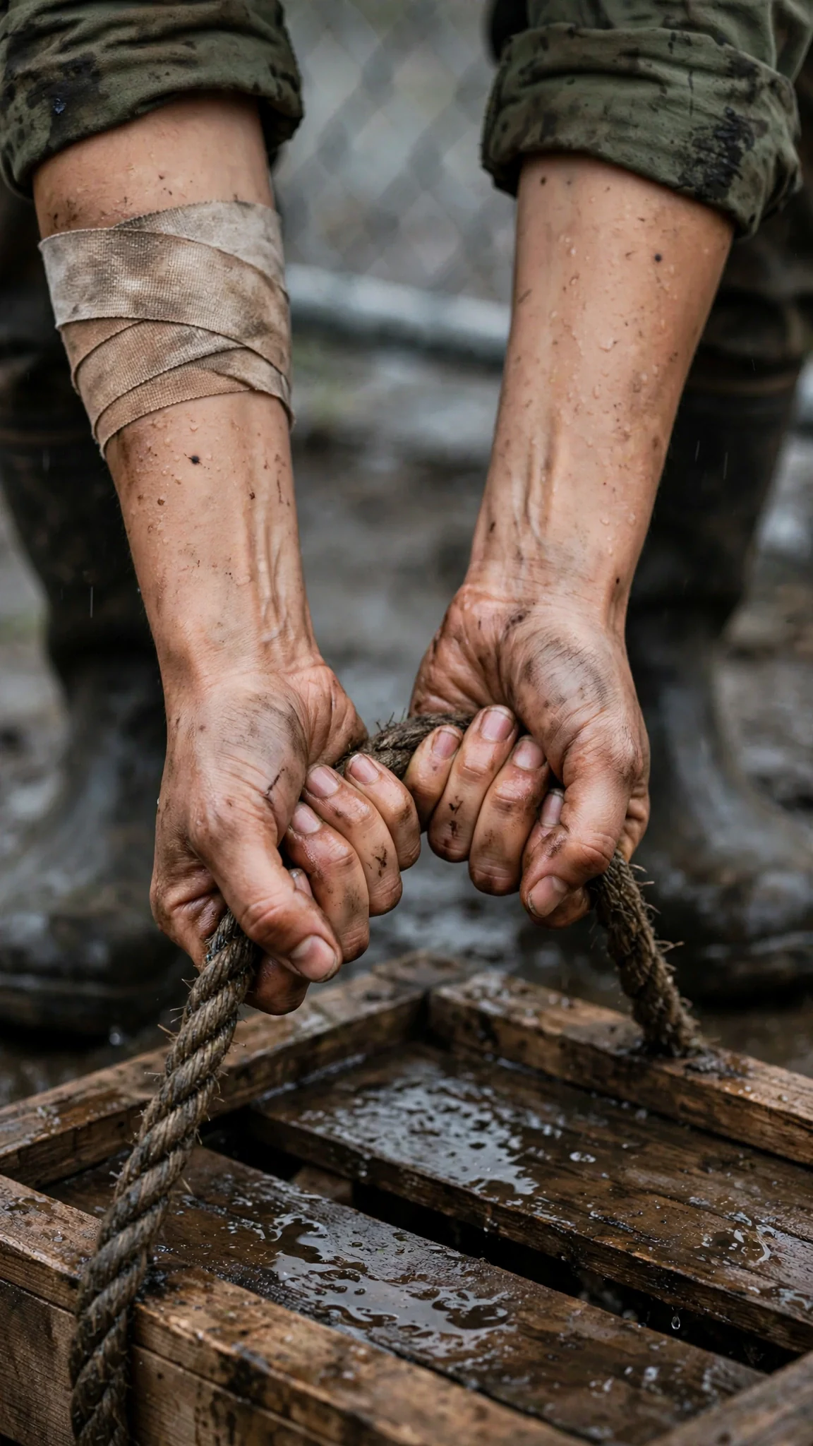 A close view of oil-stained hands trembling against the rope handle of a wooden crate.