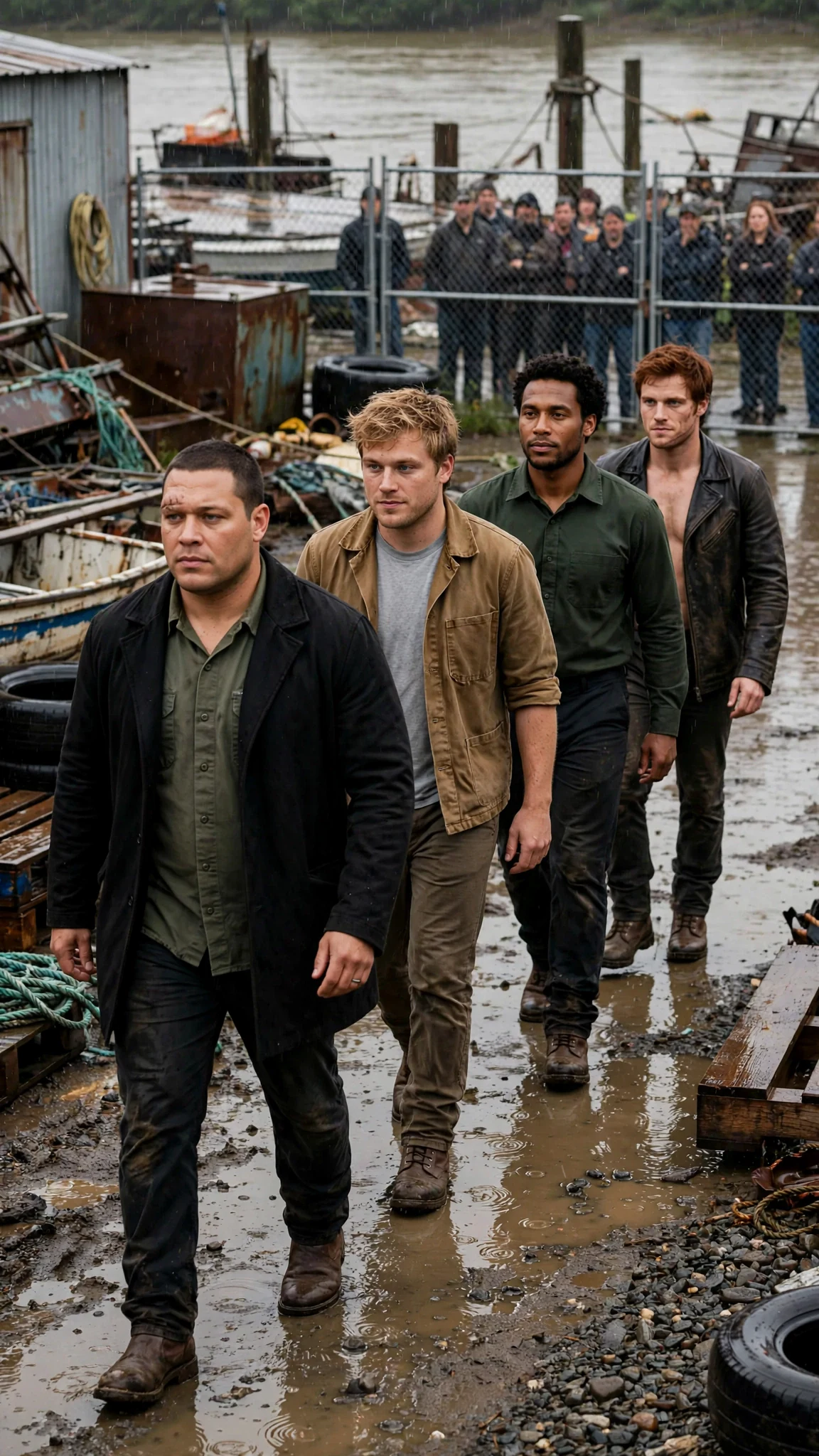 Four men in dark coats walk into the yard, and the crowd falls silent behind them.