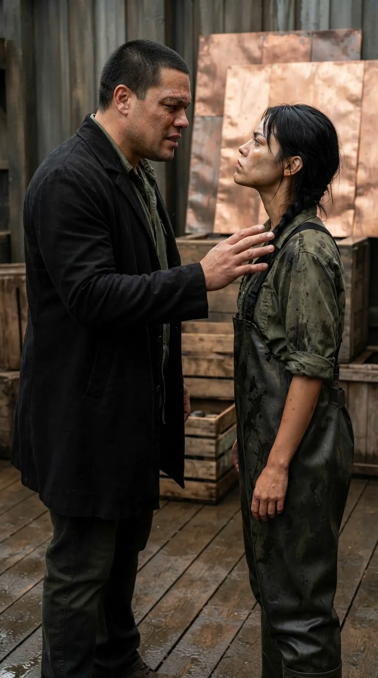A tall dark-coated man reaches out and a woman in waders steps back from his hand.