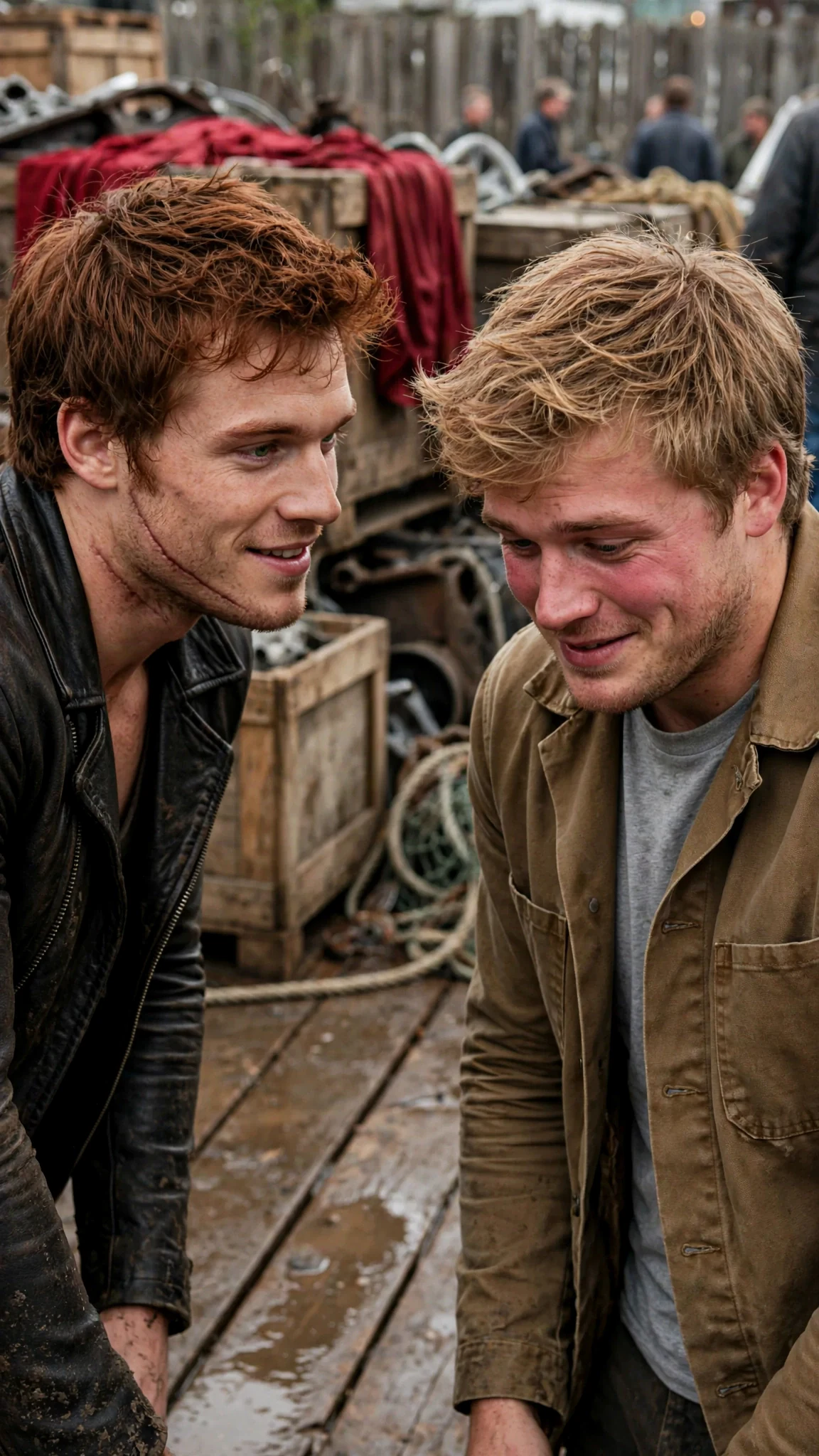 Two of the men argue quietly while a crowd watches, and one man's grin dies.