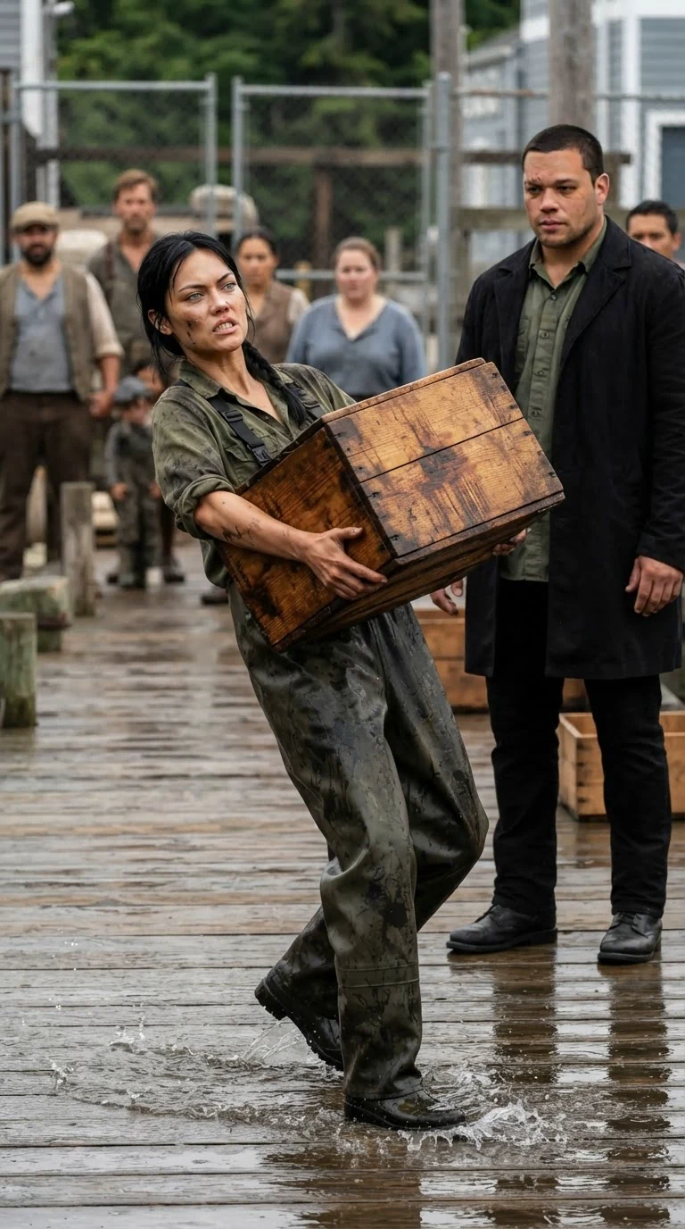 A woman in waders drags a heavy crate across wet boards while the crowd backs away.