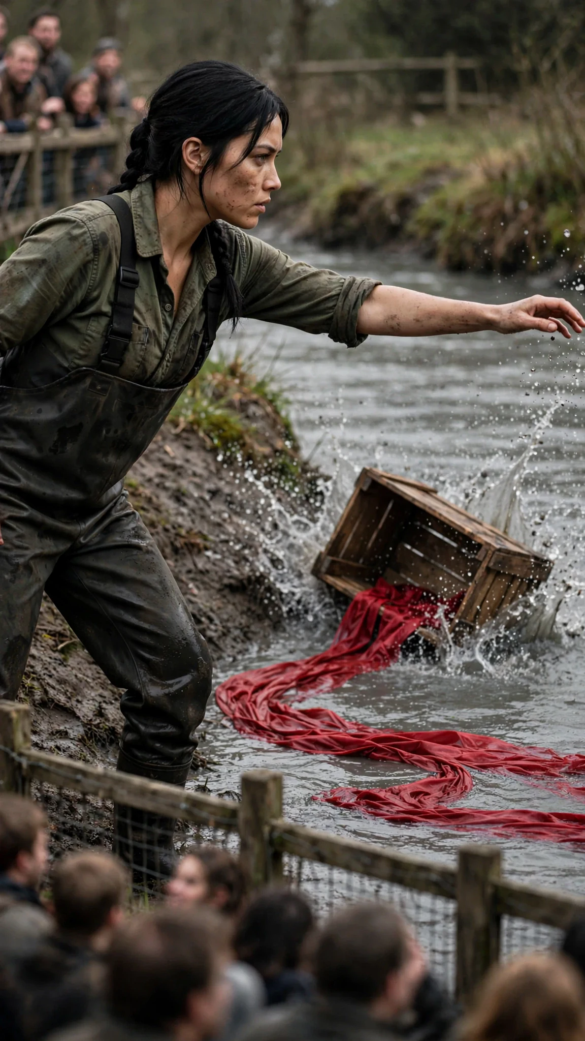 A wooden crate hits the river and a length of red silk spills out onto the water.