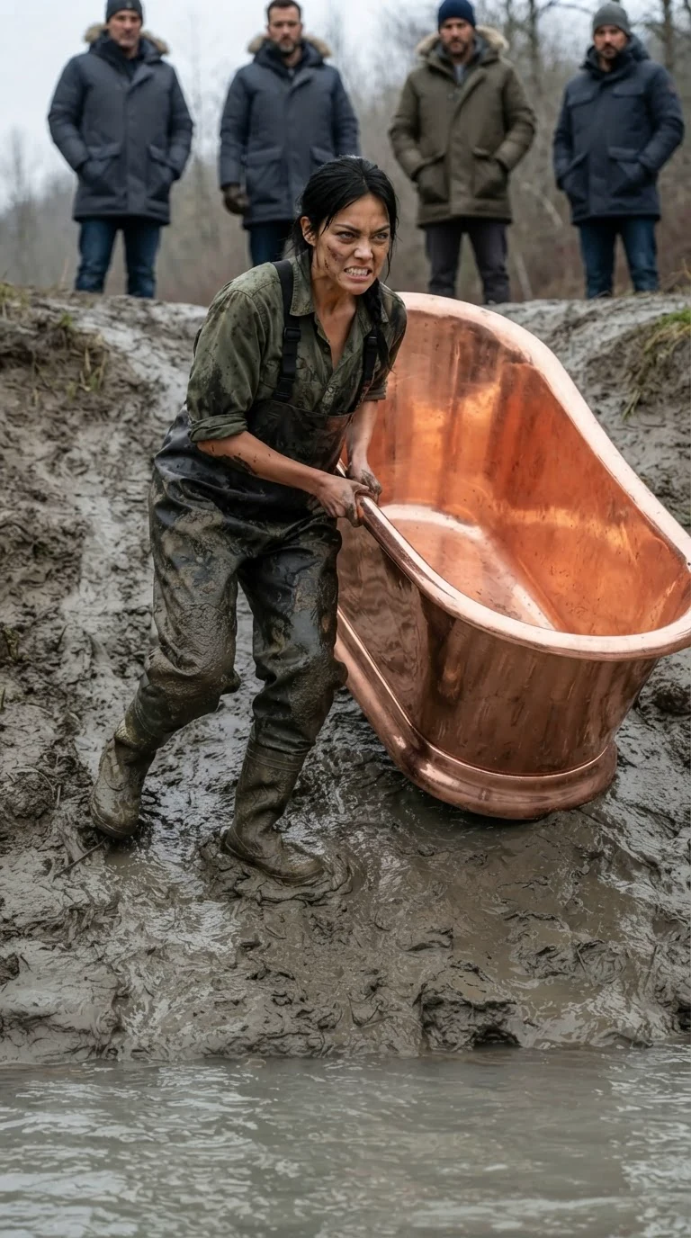 A woman in waders rolls a copper bathtub down a muddy bank toward the river.