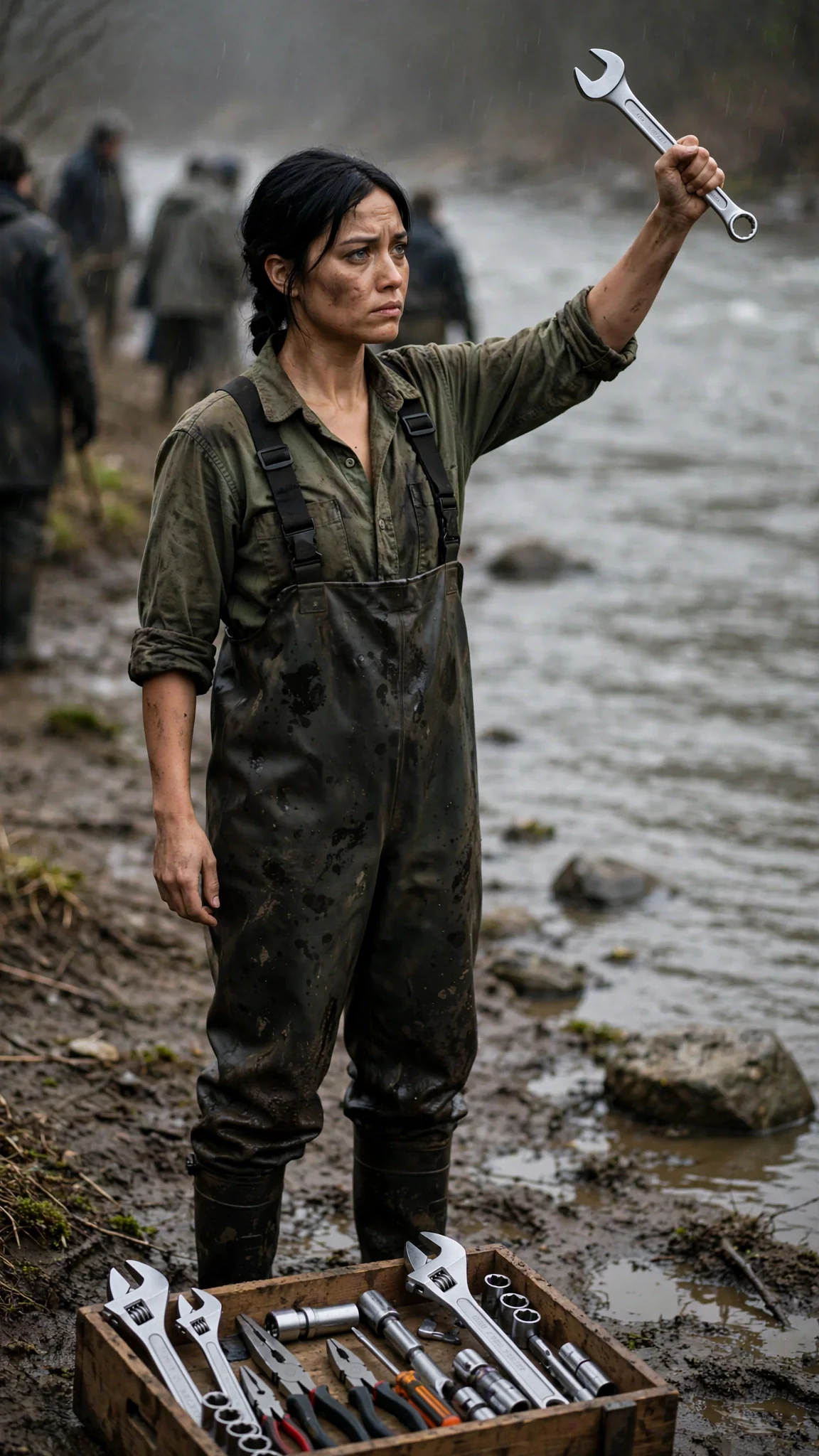 A woman holds a new steel wrench over the river, a crate of tools open at her feet.
