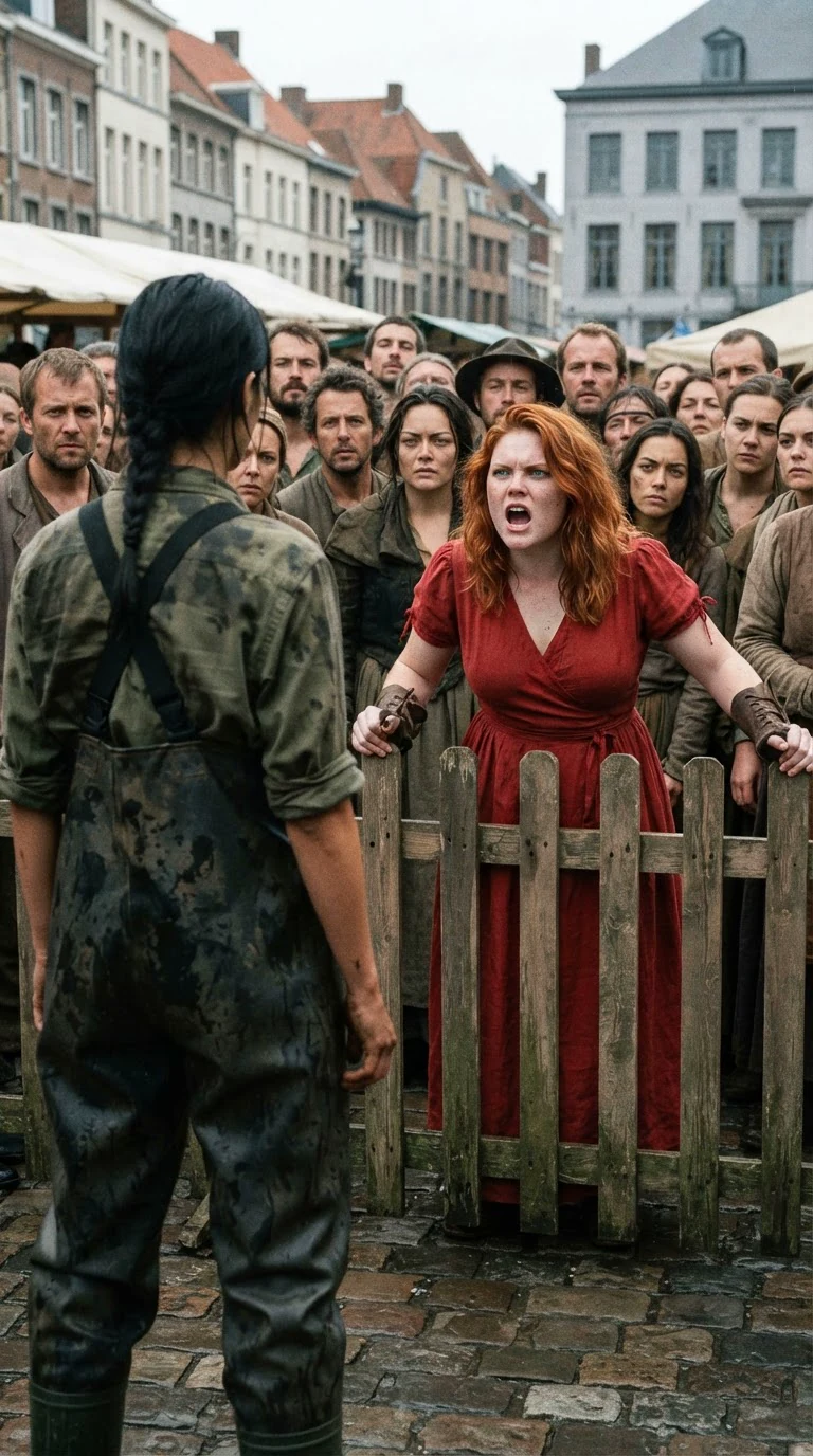 A copper-haired woman shouts from the fence while the townsfolk's laughter dies away.