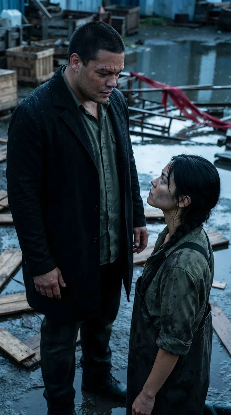 A tall scarred man in a black coat stands very still with his hands open, face wrecked.
