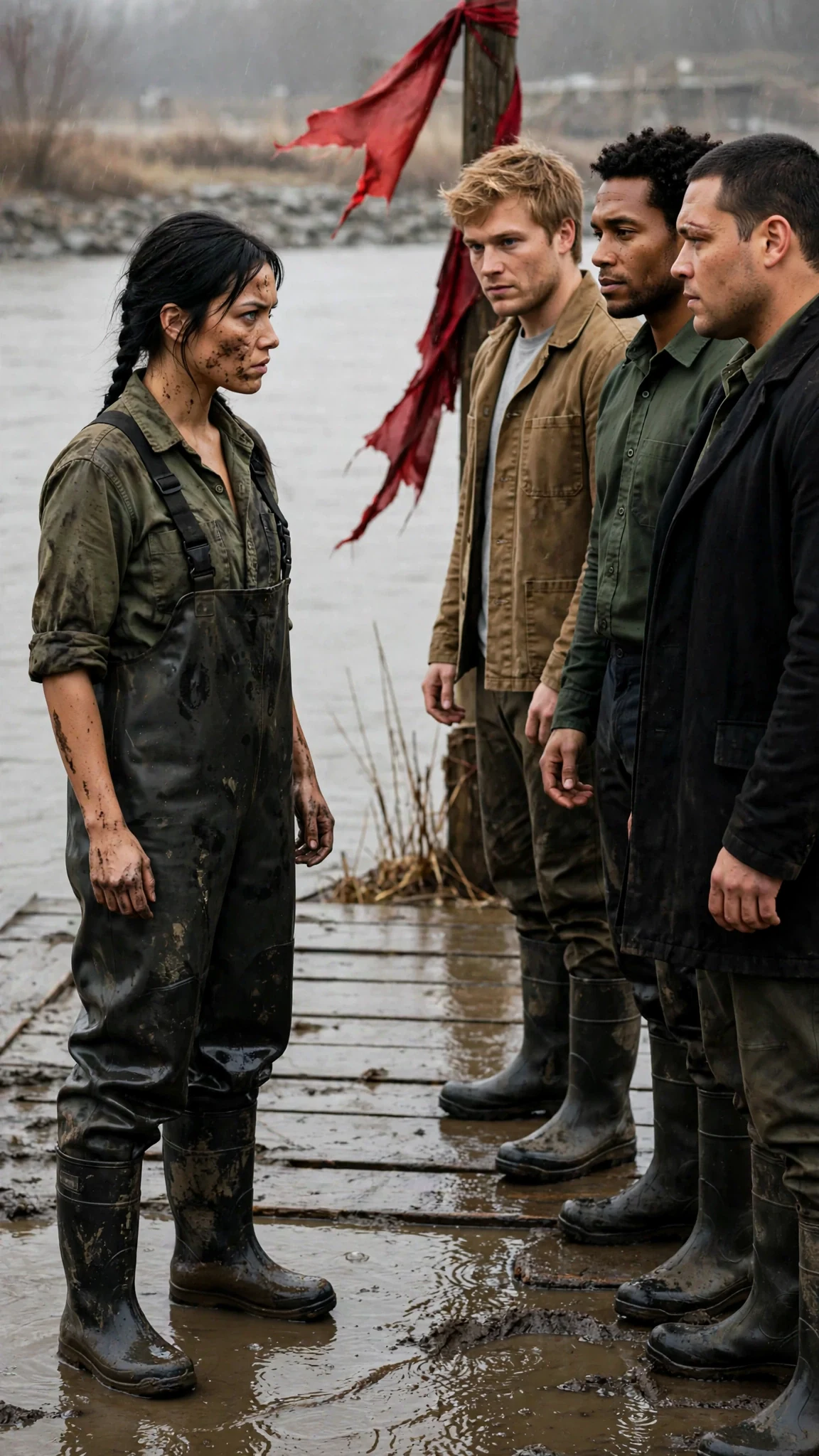 A woman in waders stands before four men in coats, river water at her boots.