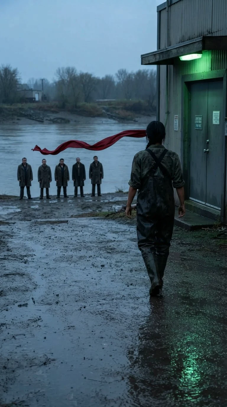 A woman walks toward a green-lit pump house door while four men stand small behind her.