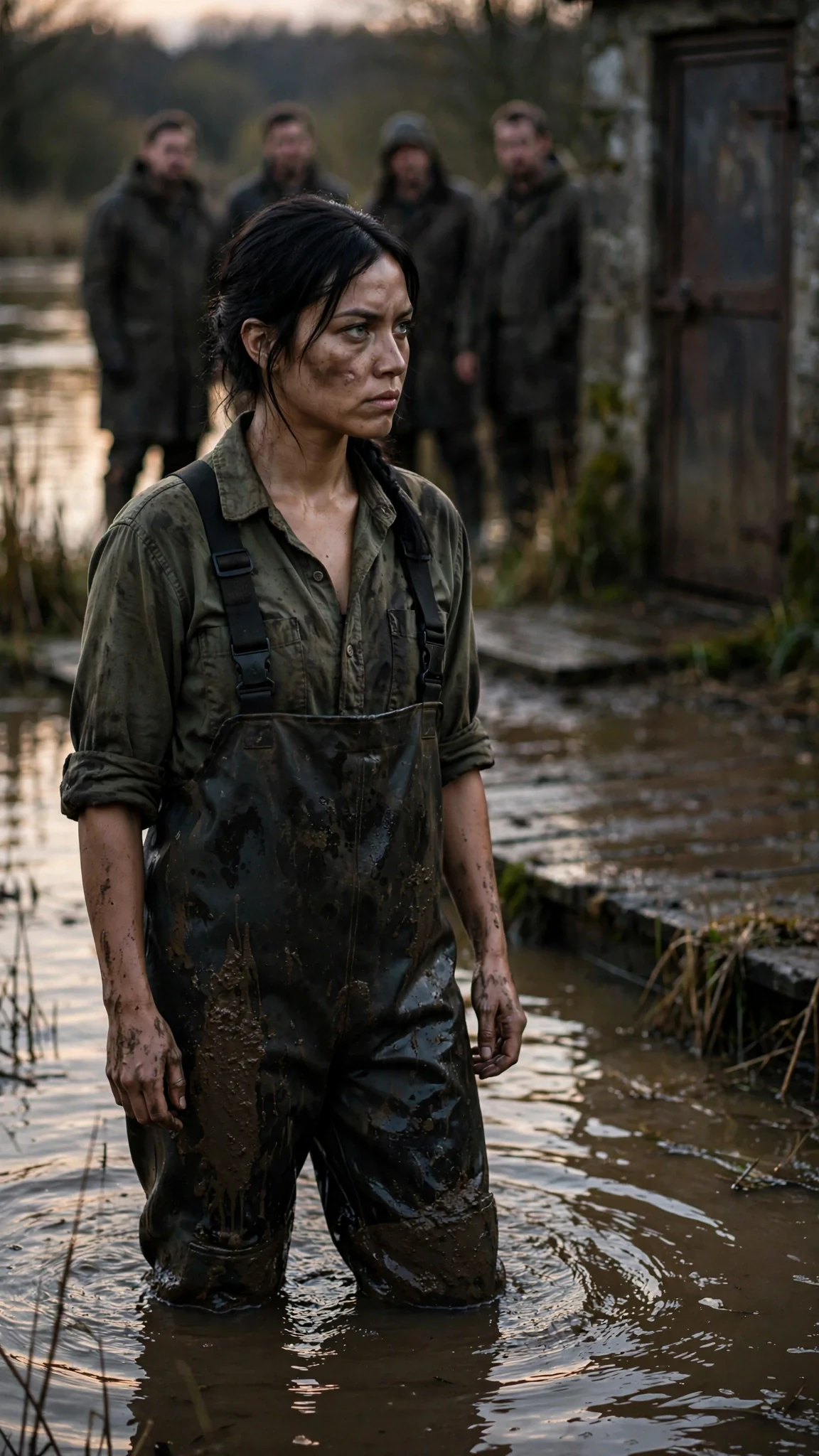 A mud-covered young woman stands in a river yard with the pump house door ahead of her and four men behind.