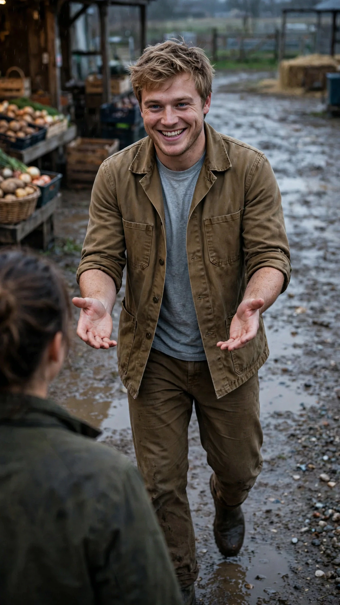 A sandy-haired man in a market jacket steps forward with his hands open, grinning.
