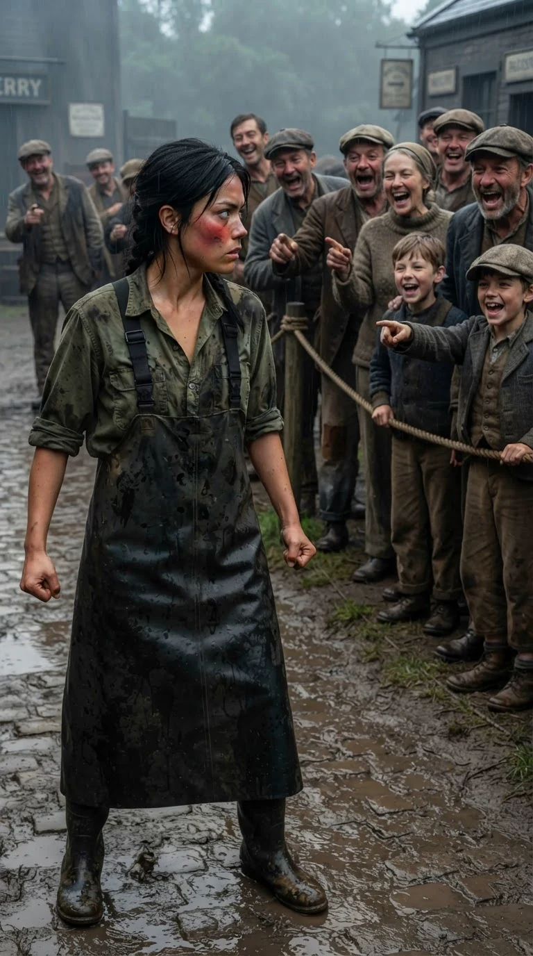 A crowd behind a rope fence laughs while a mud-covered woman turns toward them, face hot.