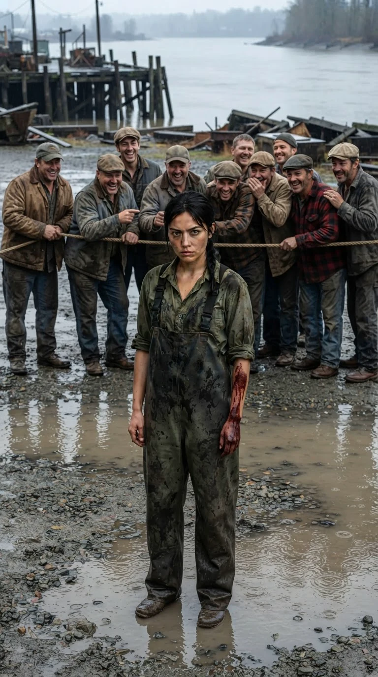 Wide shot of a mud-covered woman small in her own yard while a crowd laughs behind a fence.