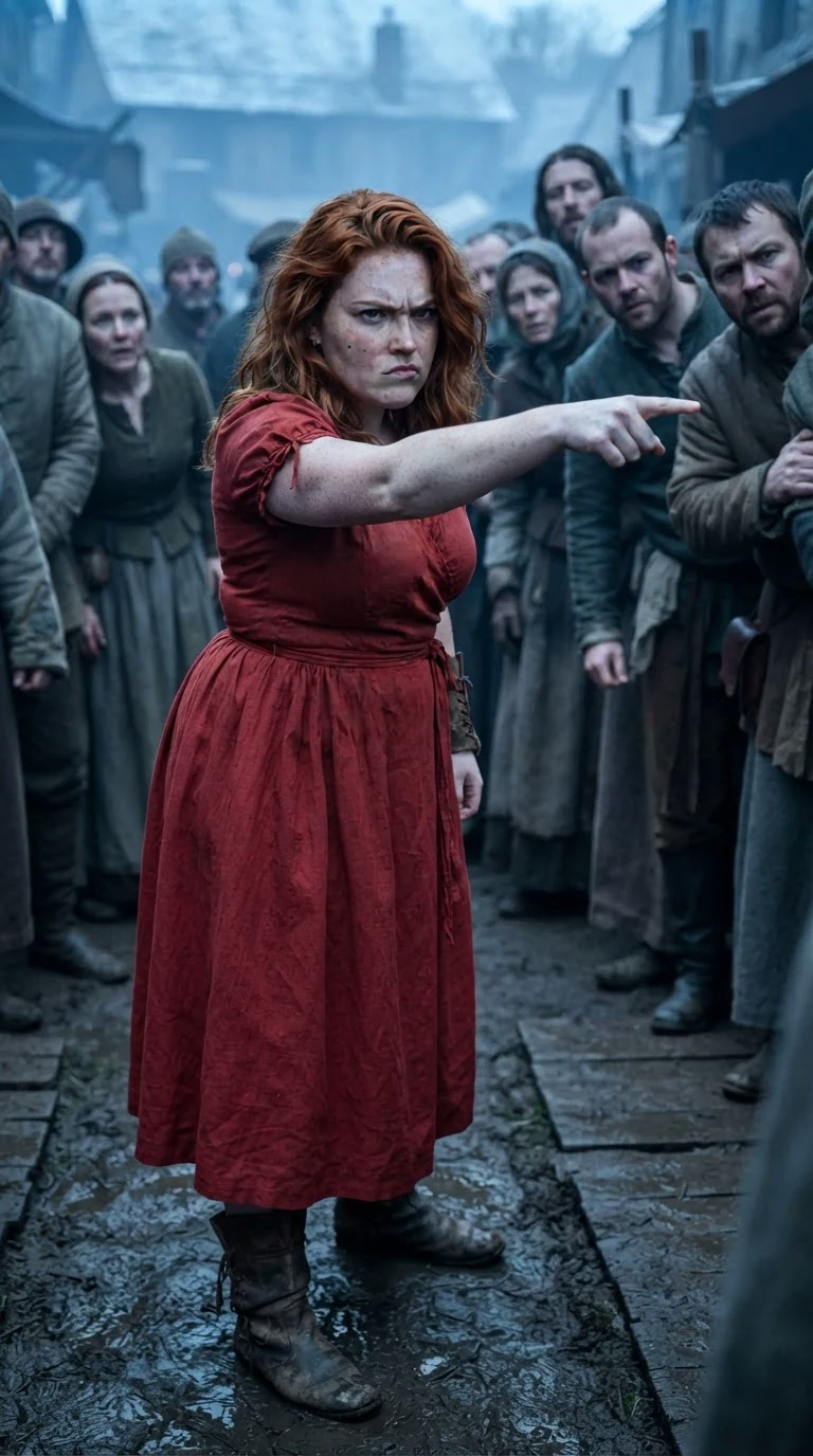 A copper-haired woman in a red dress sneers and points across the yard.