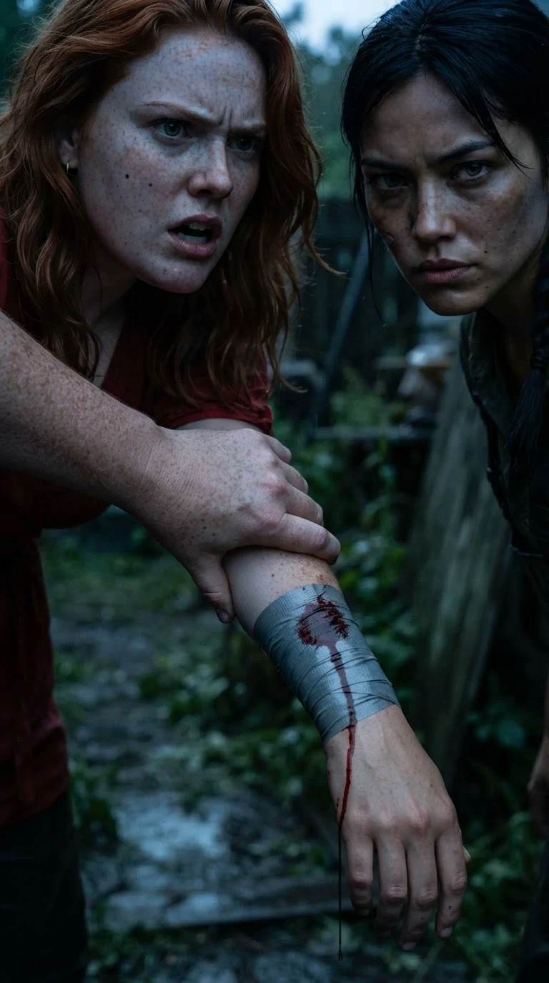 A woman's hand clamps down on another woman's taped forearm as blood seeps through the bandage.