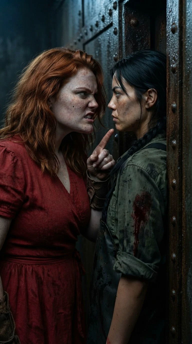 The copper-haired woman leans close to the bleeding woman pinned against the door frame.