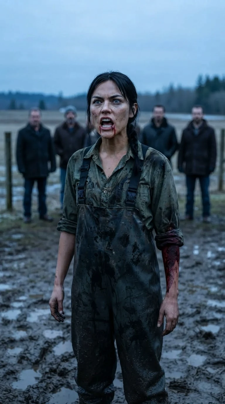 The bleeding woman lifts her chin and shouts at the crowd, which has gone silent.