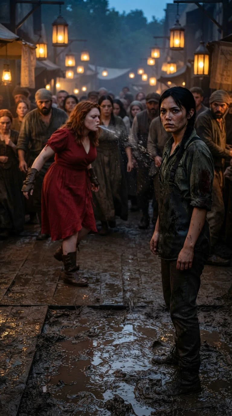 The red-dressed woman stalks off with the crowd, leaving a lone muddy woman behind.
