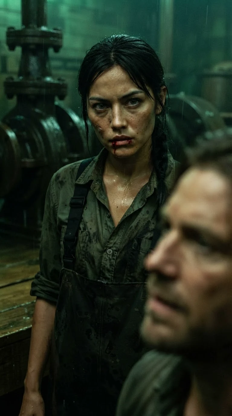 The muddy woman speaks flatly to the man, her face hard and tired.