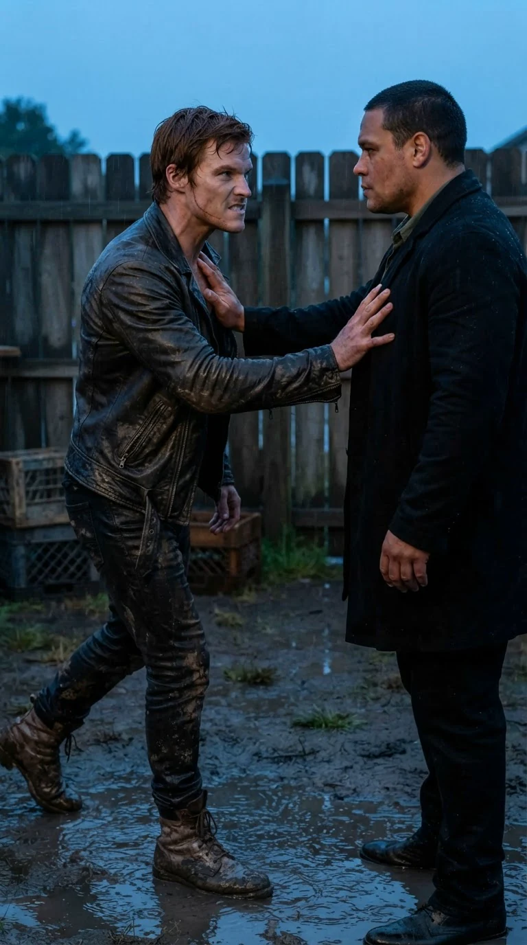 A muscular red-haired man steps forward and a taller man's hand lands flat on his chest.