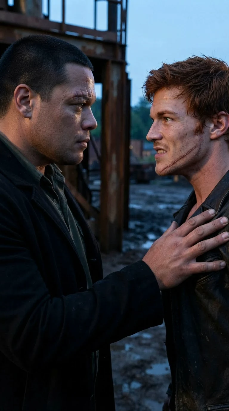 The tall dark-haired man holds the red-haired man back, both faces tight.
