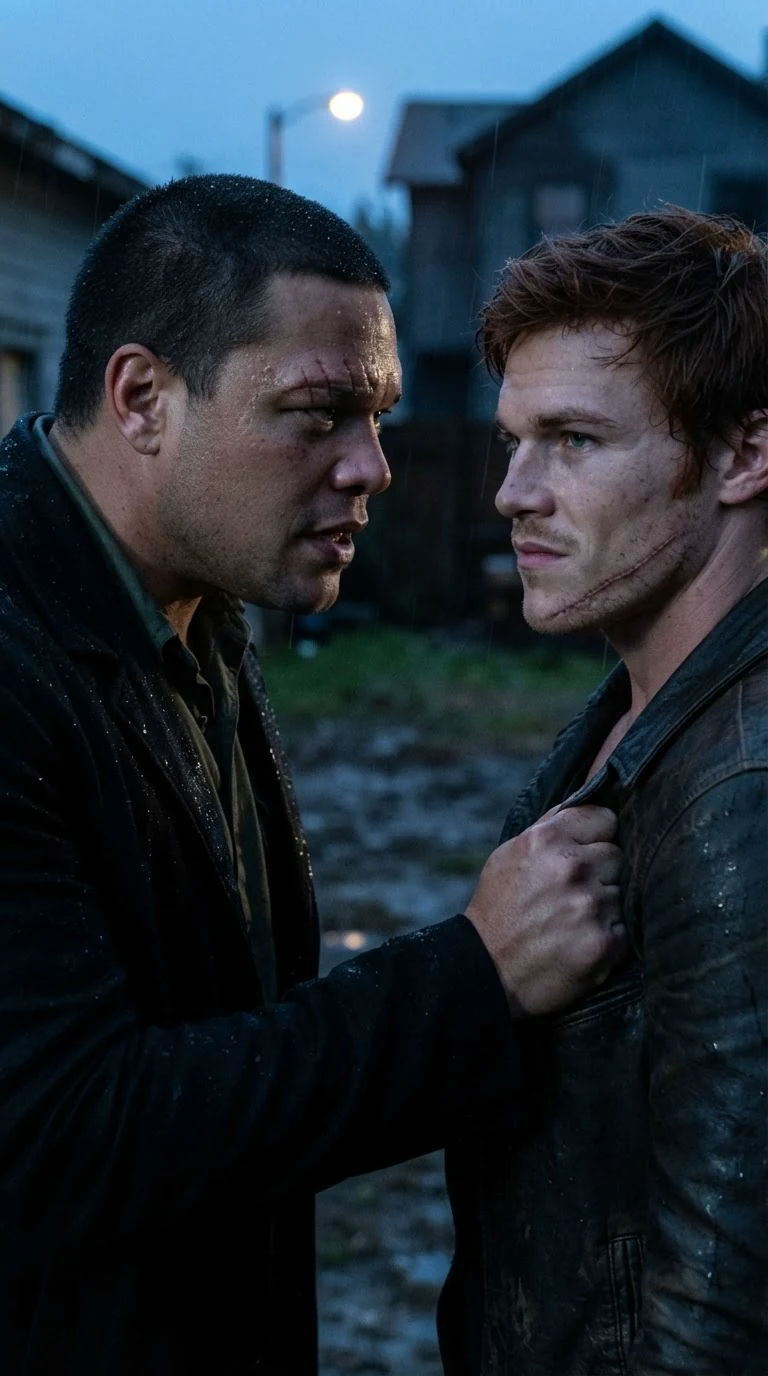The tall Alpha speaks low and hard, close to the other man's face.