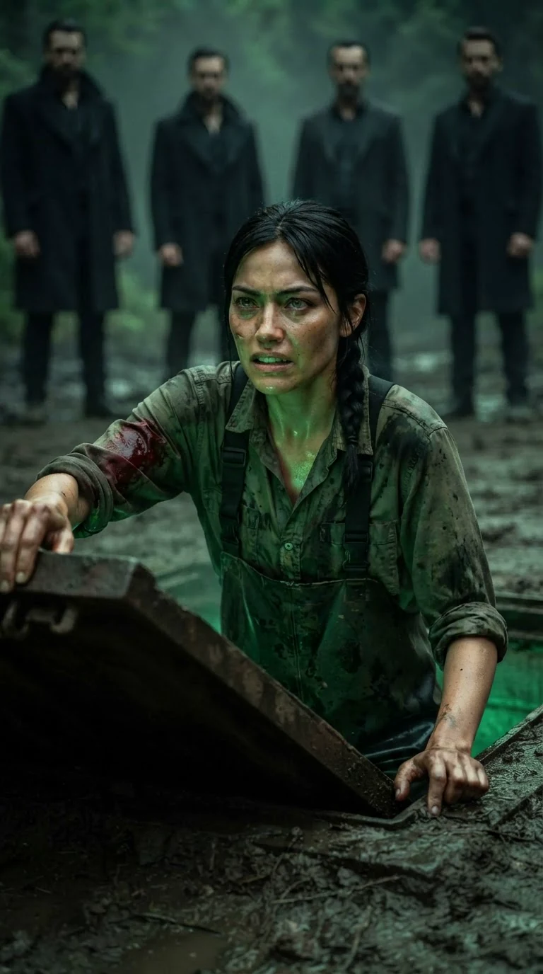 The muddy woman lifts the iron hatch, green pump light rising on her face.