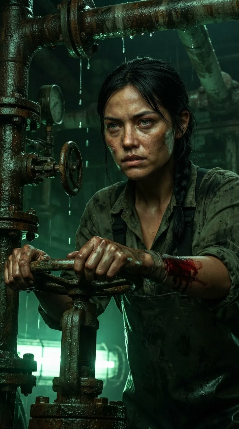 The woman works the valve wheel alone in green light, blood on her sleeve, hands shaking.
