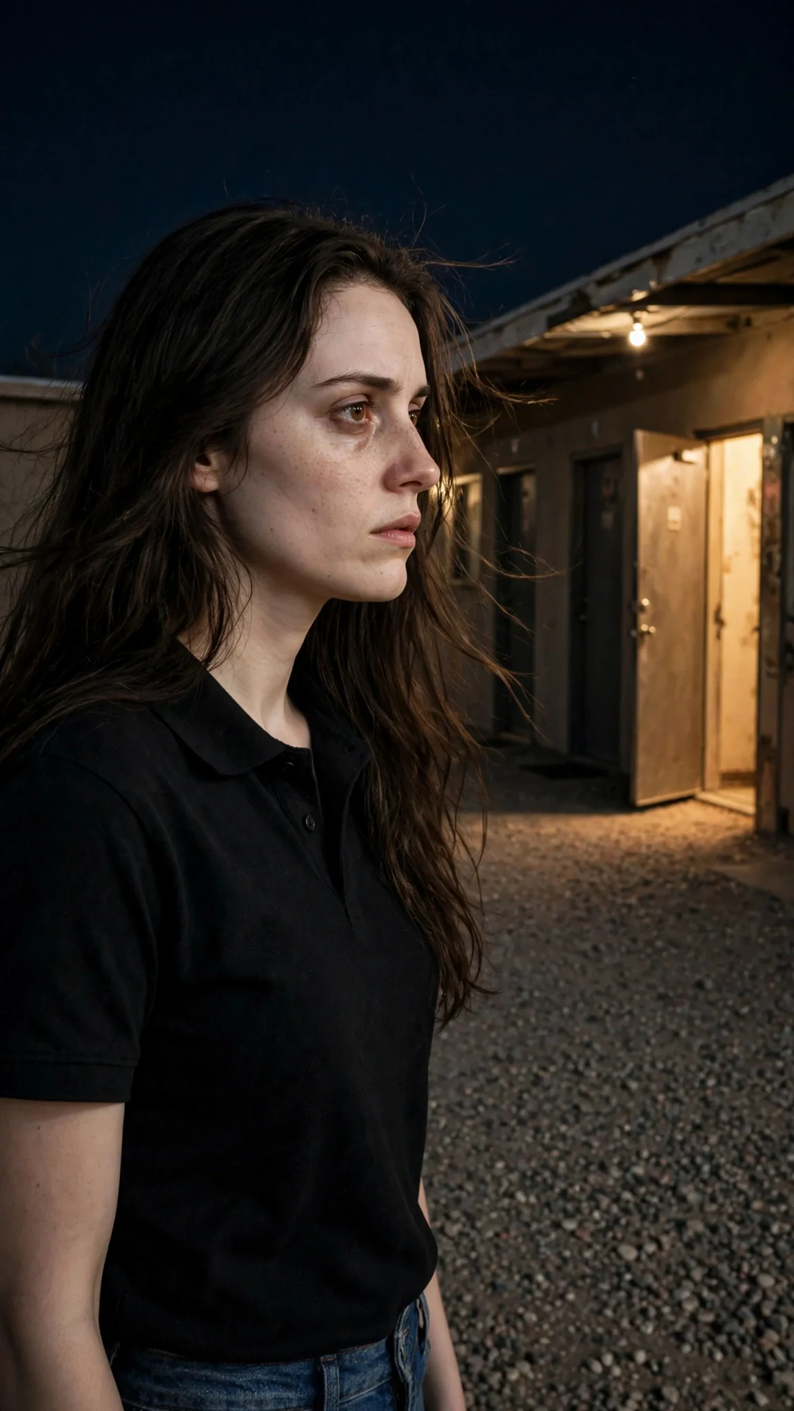 A tired young woman in a black work polo stands in a dark motor court lot, staring at a motel door that is slightly open with the light on inside.