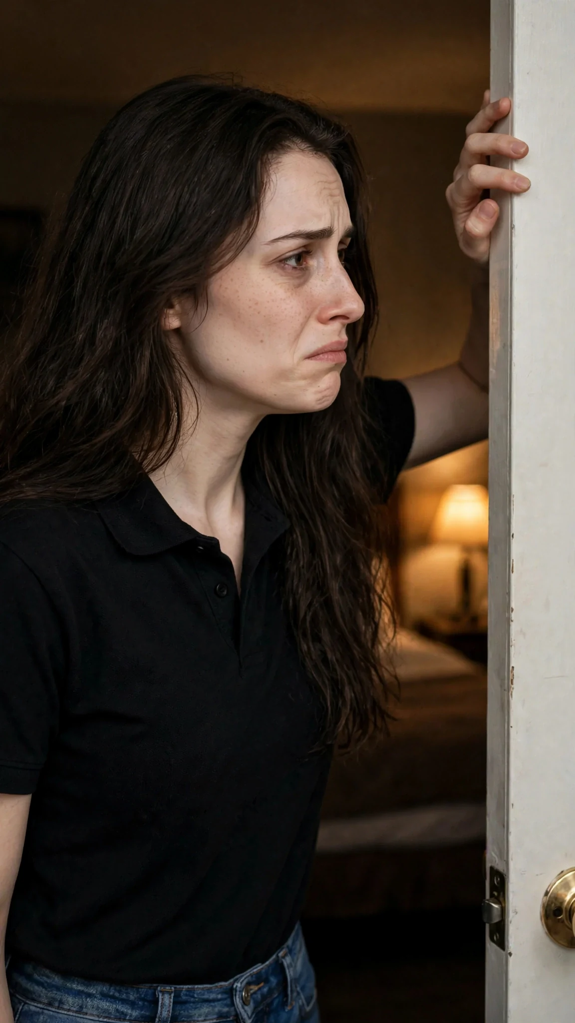The young woman pushes the motel door open with two fingers, her face braced against a smell, dim room beyond.