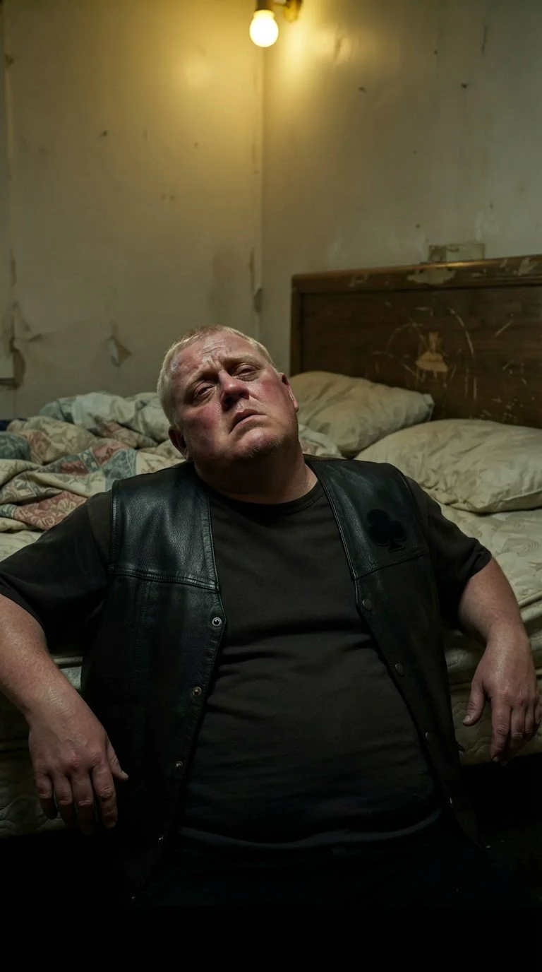 A heavyset man with close-cropped blond hair sits against a motel bed frame, black leather vest soaked, throat cut open.