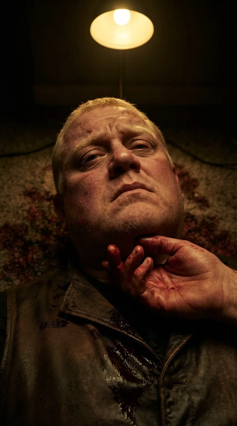 Close view of the dead man's open eyes and one blood-smeared hand curled up near his neck, dark soaked carpet below.