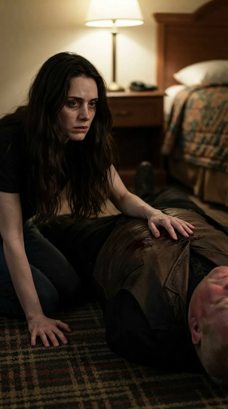 The young woman kneels beside the body, her hand reaching toward the bloody leather patch on his vest.