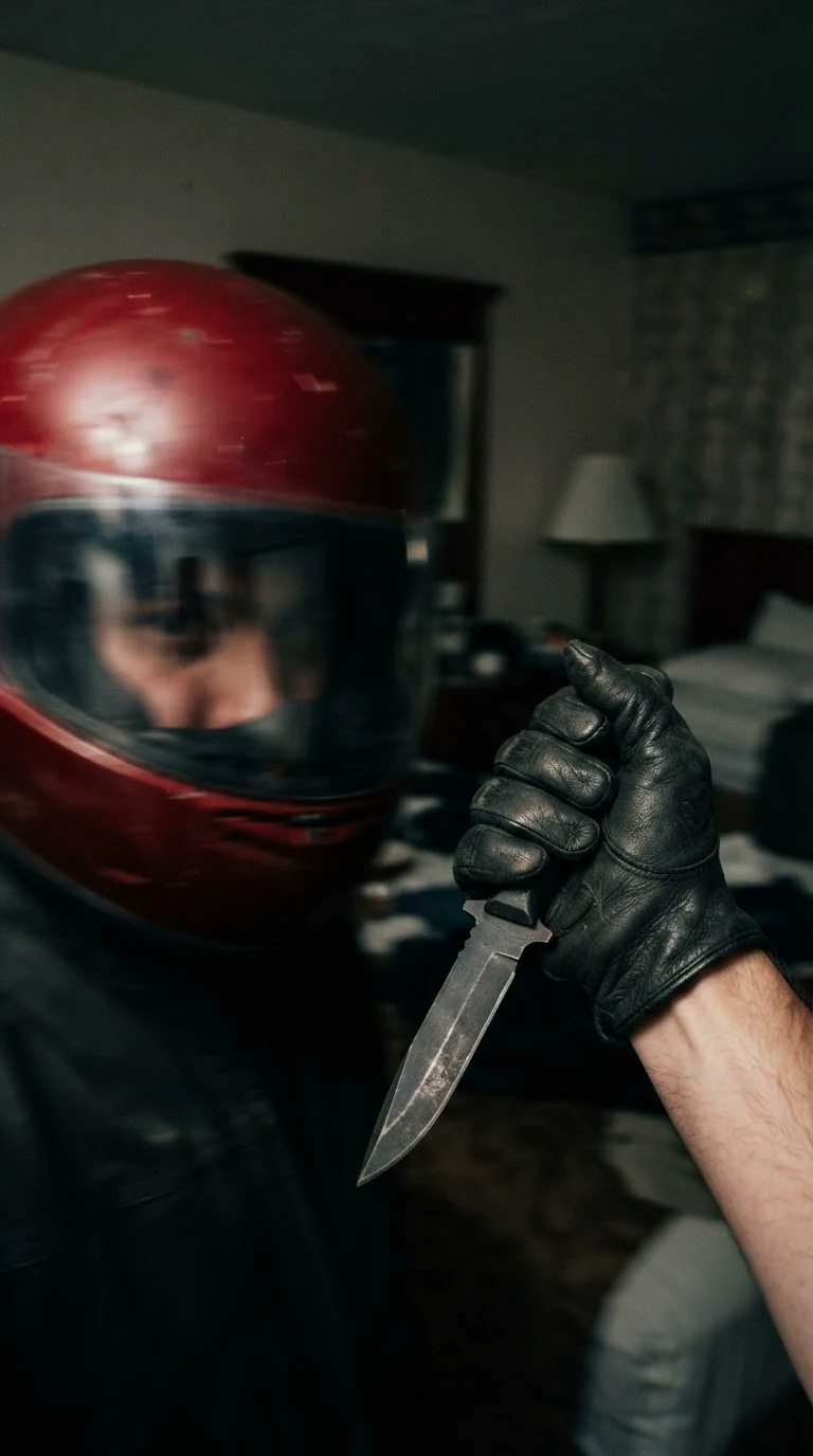 In the vision, a red motorcycle helmet with the visor down fills the view, a black-gloved hand holding a short flat knife.