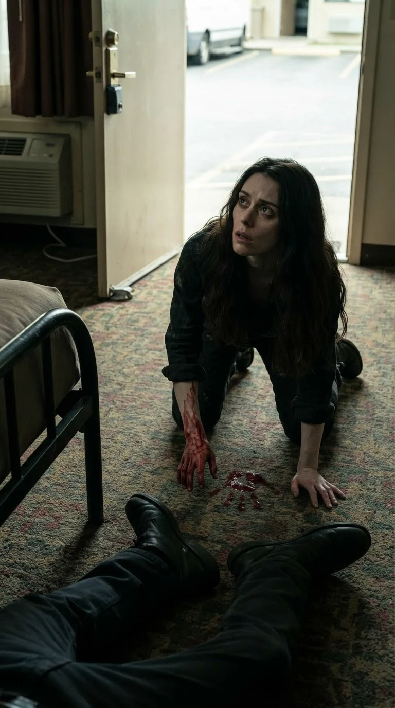 The young woman on her hands and knees on the motel carpet, her right palm red to the wrist, head lifted toward the door.