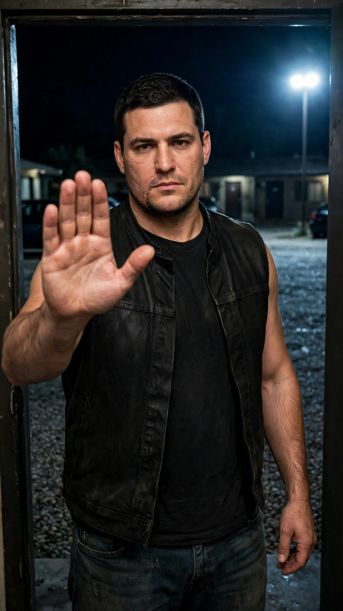 A tall broad-shouldered man with a scarred jaw stands in the motel doorway in a black club vest, face cold with rage.