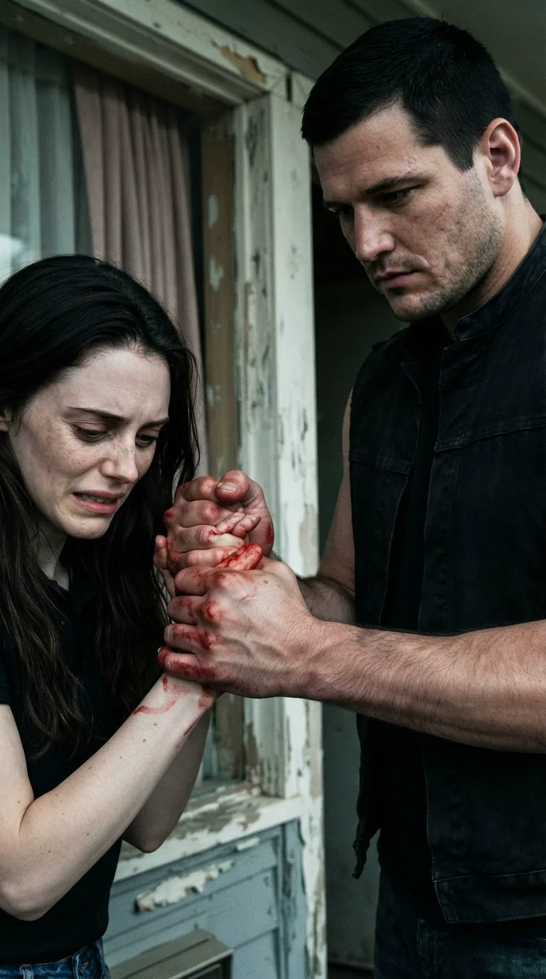 The man seizes the woman's bloody hand, his grip crushing, her fingers bent, her face twisted in pain.