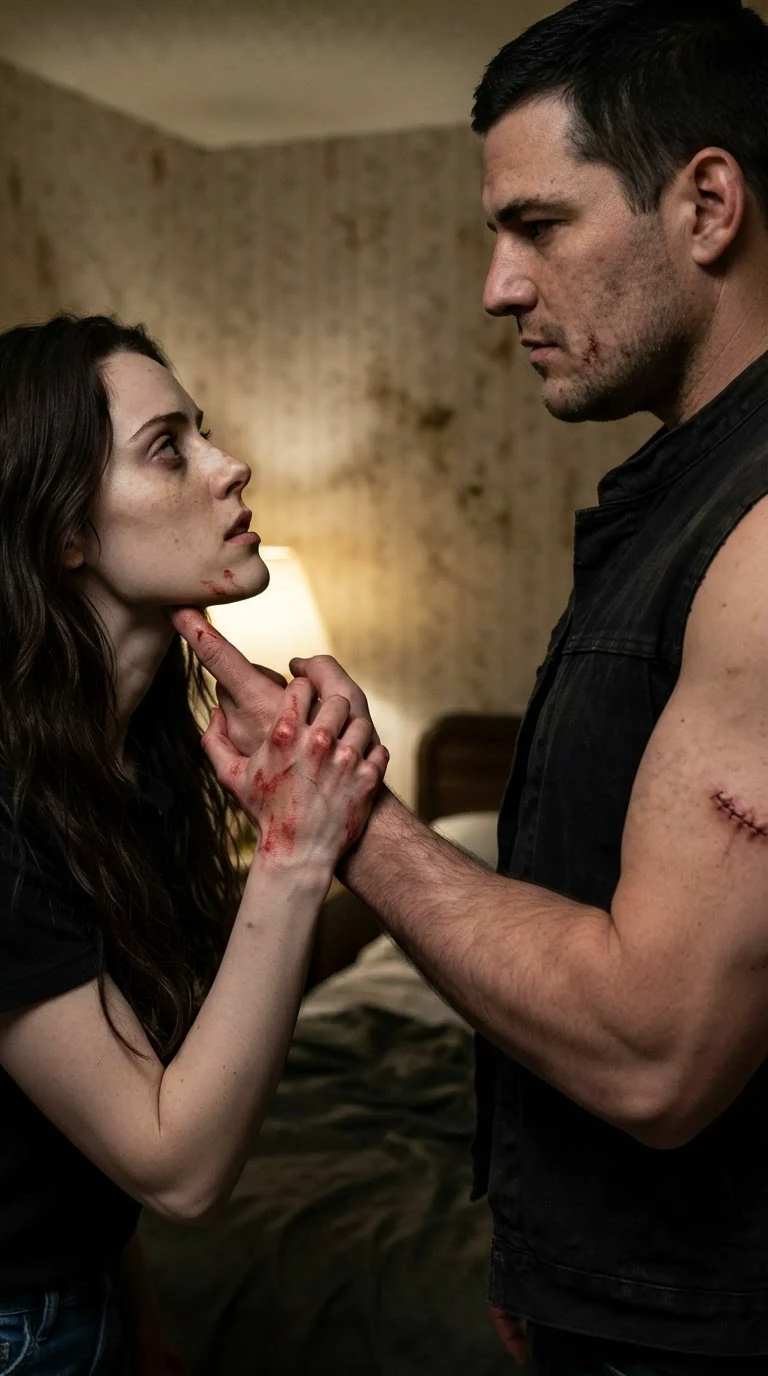 The woman glares up at the tall man, still held by the wrist, blood on her chin and hand, defiance in her tired eyes.