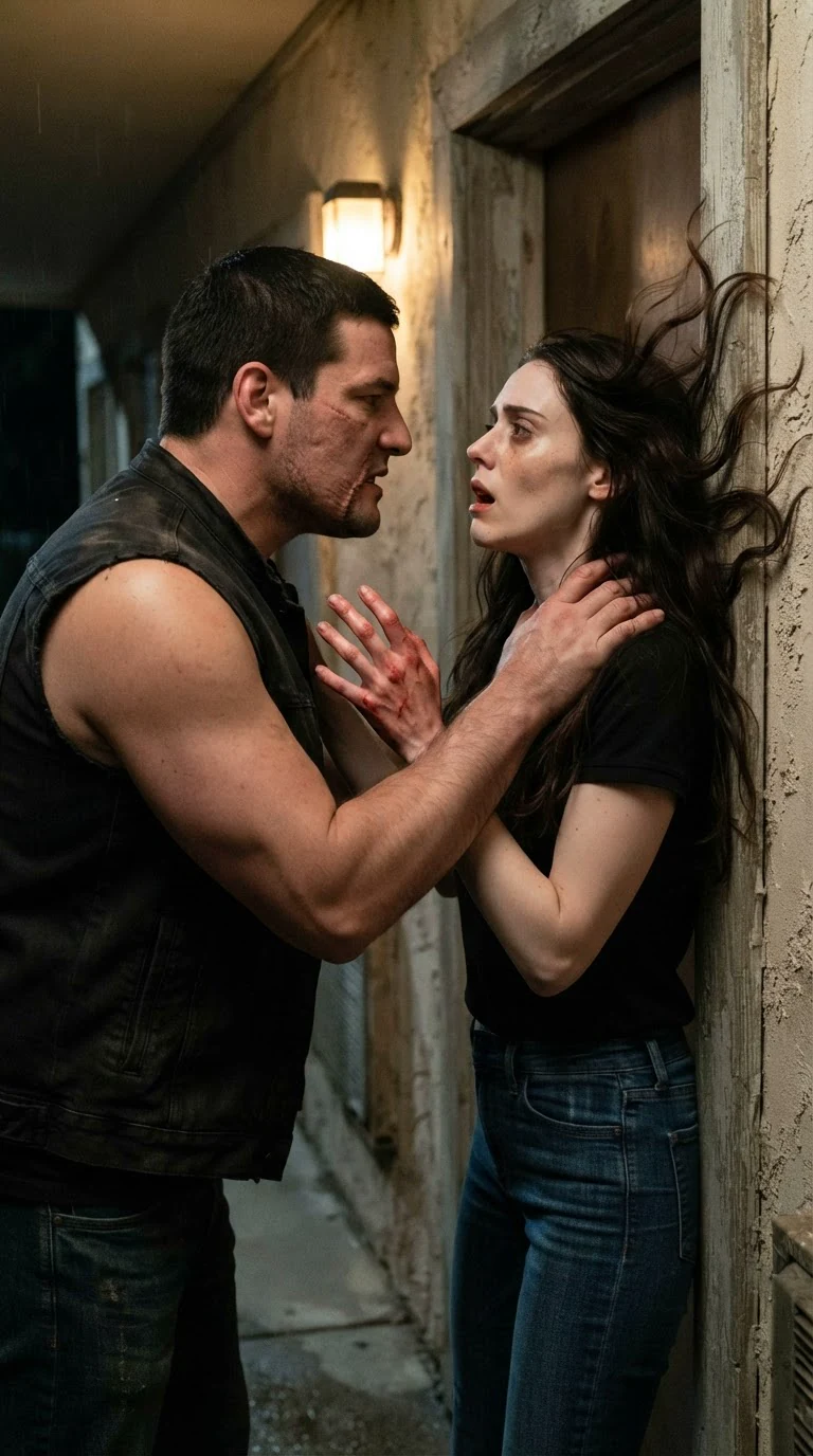 The tall man shoves the woman back into the doorframe, his hand flat on her chest, pinning her, her head knocked back against the wood.