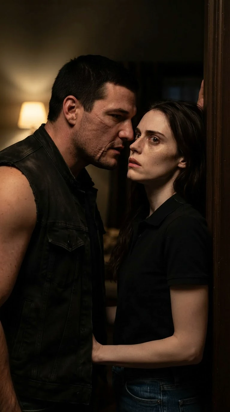 The tall man leans close to the pinned woman, speaking low, his eyes black with threat, her face braced.