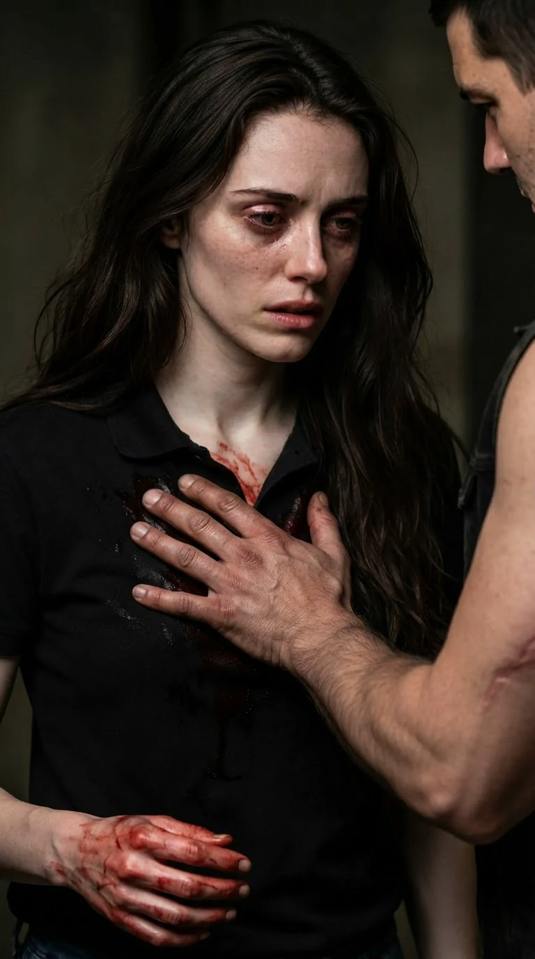 The woman's eyes wet with fear as she stares at the man's hand on her chest, her bloody fingers trembling at her side.
