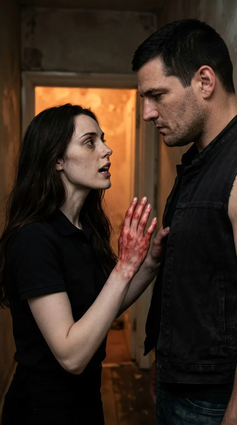 The woman speaks fast, blood still on her hand, the tall man's face changing as he listens.
