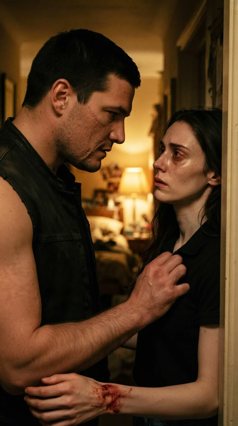 The tall man's grip slackens a little as he looks hard into the woman's eyes, something shifting in his face.