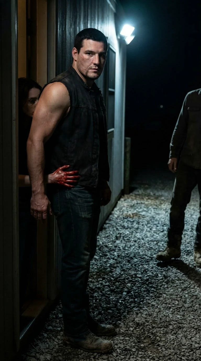 The tall man turns his shoulder to block the door, hiding the woman behind his back as a second boot approaches in the gravel.