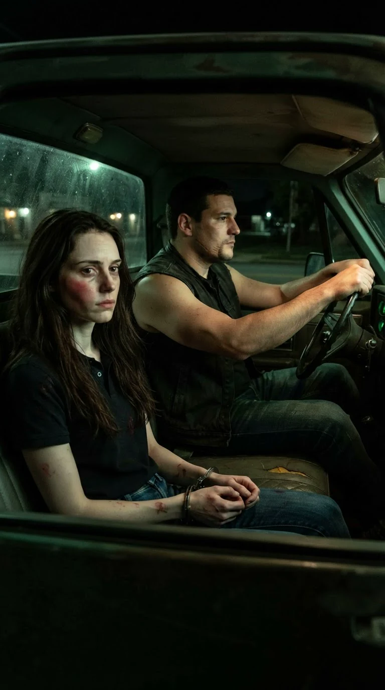 Corrie sits handcuffed in Garrick's truck with blood on her sleeve and a red cheek.