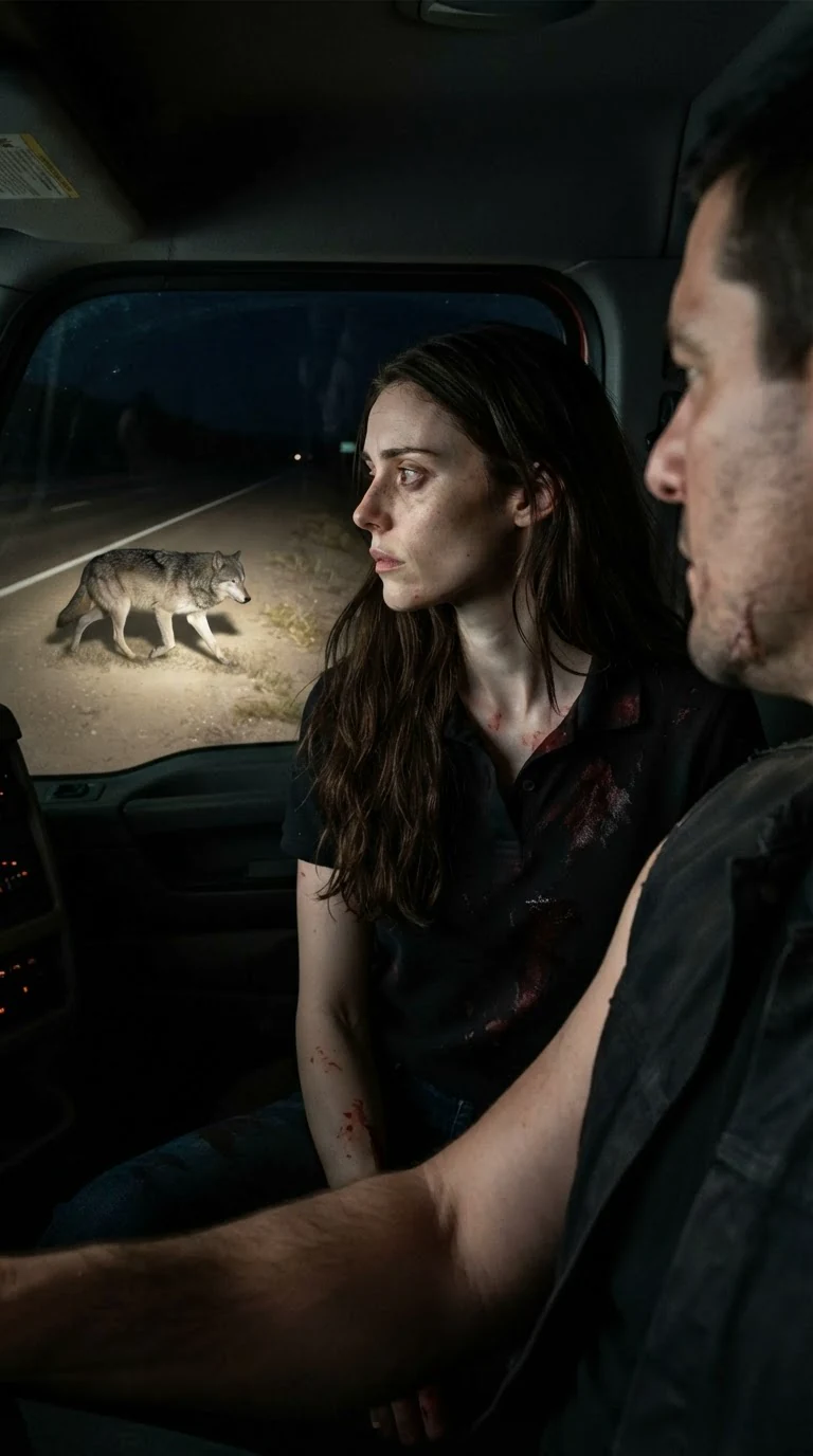 Corrie looks back at a gray wolf trotting along the dark highway behind the truck.