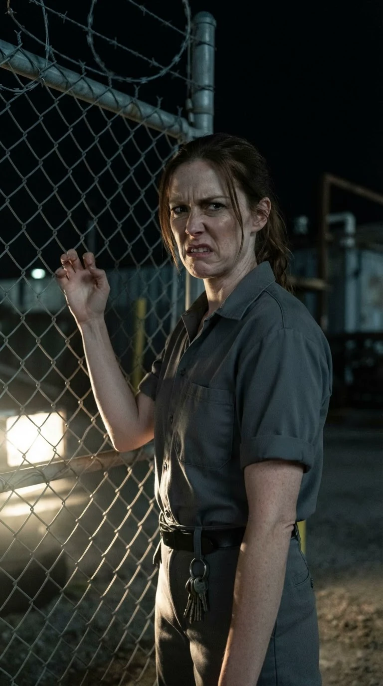 Prue stands at the chain link gate holding a key ring, scowling at the truck.