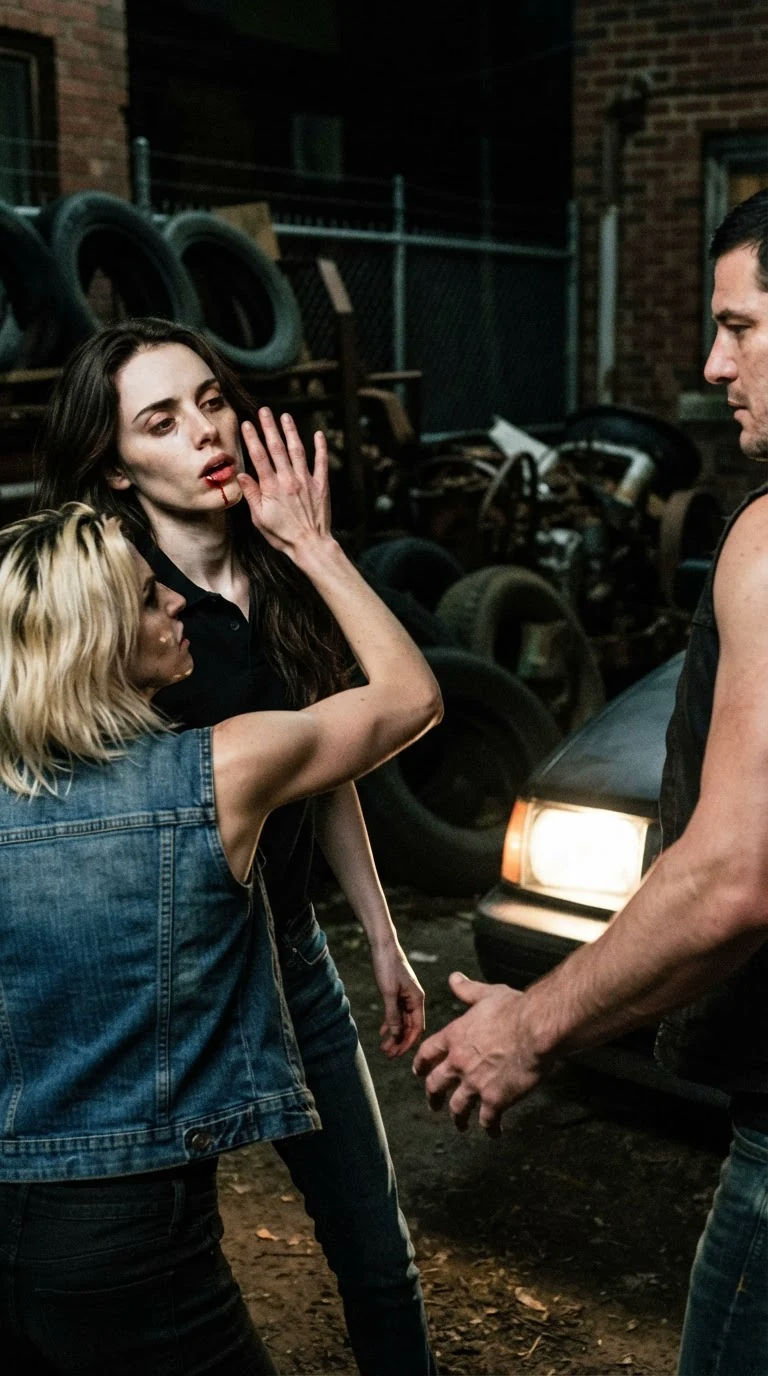 Trixie's open hand cracks across Corrie's mouth as Corrie's head snaps sideways.