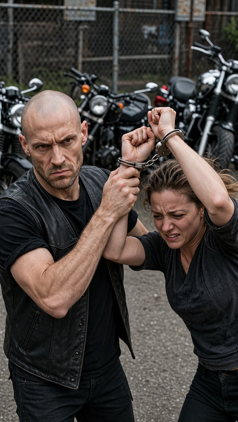 Cutter jerks Corrie forward by her handcuffed wrists while she stumbles.