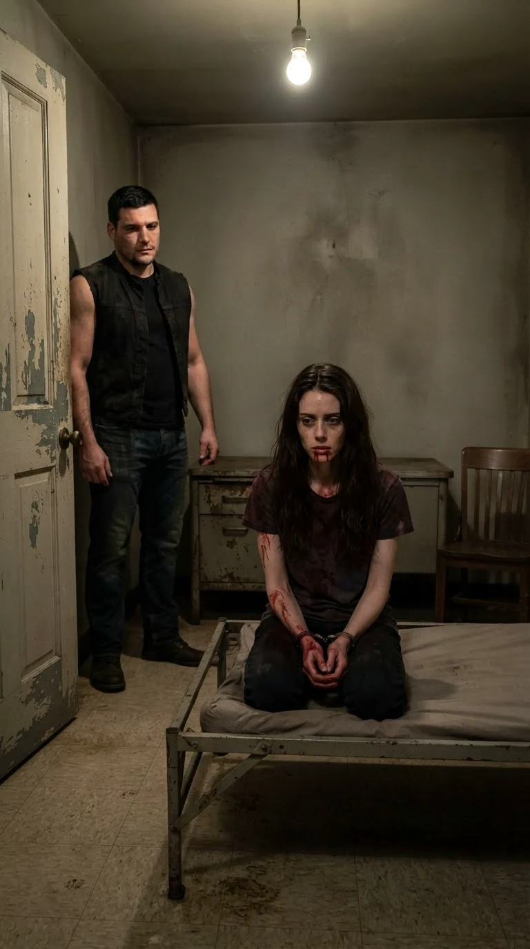 Corrie sits on a cot in a small back room, handcuffs on her knees.